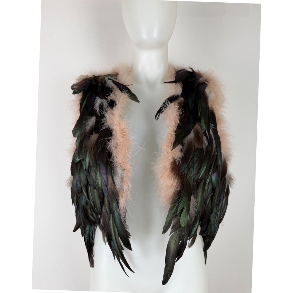 Feather Vest Statement Cristina Women Iridescent Black Green SZ L